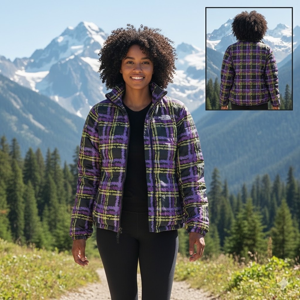 The North Face Womens S Puffer Jacket Purple Yellow Plaid Zip Up Insulated‎ Coat